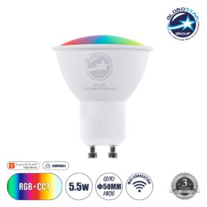 GloboStar® 60487 Έξυπνο Σποτ LED GU10 MR16 Smart Home Wifi  5.5W 550lm 120° AC 220-240V IP20 Φ5 x Υ6.5cm RGB+CCT – Εναλλαγή Φωτισμού & Dimming μέσω Εφαρμογής Tuya – Bridgelux Chip – 3 Χρόνια Εγγύηση