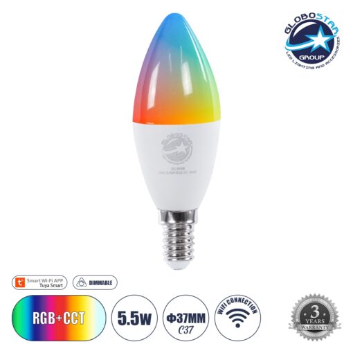 GloboStar® 60488 Έξυπνη Λάμπα LED E14 C37 Κεράκι Smart Home Wifi 5.5W 550lm 260° AC 220-240V IP20 Φ3.7 x Υ11cm RGB+CCT – Εναλλαγή Φωτισμού & Dimming μέσω Εφαρμογής Tuya – Bridgelux Chip – 3 Χρόνια Εγγύηση