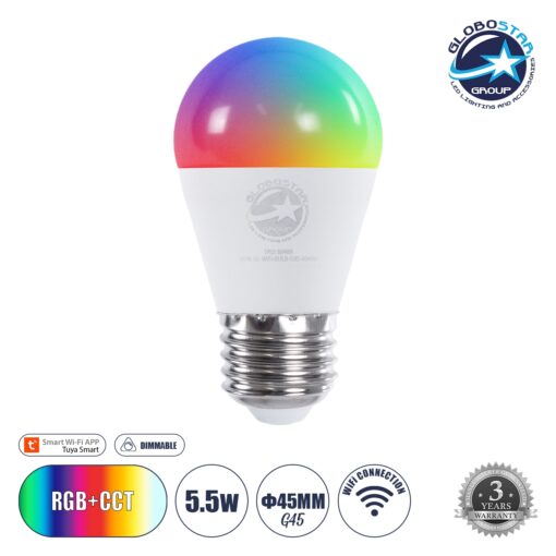 GloboStar® 60489 Έξυπνη Λάμπα LED E27 G45 Γλομπάκι Smart Home Wifi 5.5W 550lm 260° AC 220-240V IP20 Φ4.5 x Υ8.8cm RGB+CCT – Εναλλαγή Φωτισμού & Dimming μέσω Εφαρμογής Tuya – Bridgelux Chip – 3 Χρόνια Εγγύηση