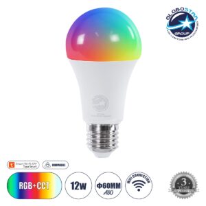 GloboStar® 60490 Έξυπνη Λάμπα LED E27 A60 Γλόμπος Smart Home Wifi 12W 1200lm 260° AC 220-240V IP20 Φ6 x Υ12cm RGB+CCT – Εναλλαγή Φωτισμού & Dimming μέσω Εφαρμογής Tuya – Bridgelux Chip – 3 Χρόνια Εγγύηση