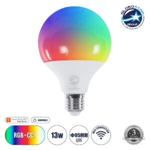 GloboStar® 60491 Έξυπνη Λάμπα LED E27 G95 Γλόμπος Smart Home Wifi 13W 1300lm 260° AC 220-240V IP20 Φ9.5 x Υ13.5cm RGB+CCT – Εναλλαγή Φωτισμού & Dimming μέσω Εφαρμογής Tuya – Bridgelux Chip – 3 Χρόνια Εγγύηση