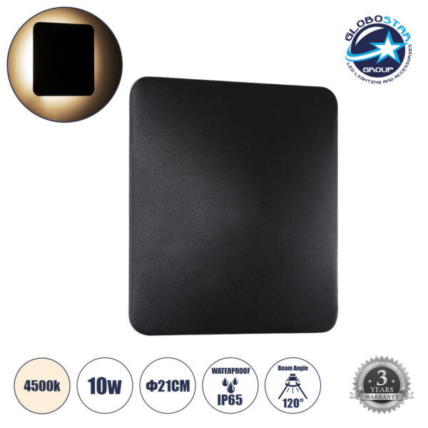 GloboStar® HELIO-S 60496 Φωτιστικό Τοίχου – Απλίκα Αρχιτεκτονικού Φωτισμού Εσωτερικού/Εξωτερικού Χώρου LED 10W 1200lm 120° x 360° AC 220-240V Αδιάβροχο IP65 Μ21 x Π5 x Υ21cm – Φυσικό Λευκό 4500K – Μαύρο – Τετράγωνο – Bridgelux Chip – 3 Years Warranty