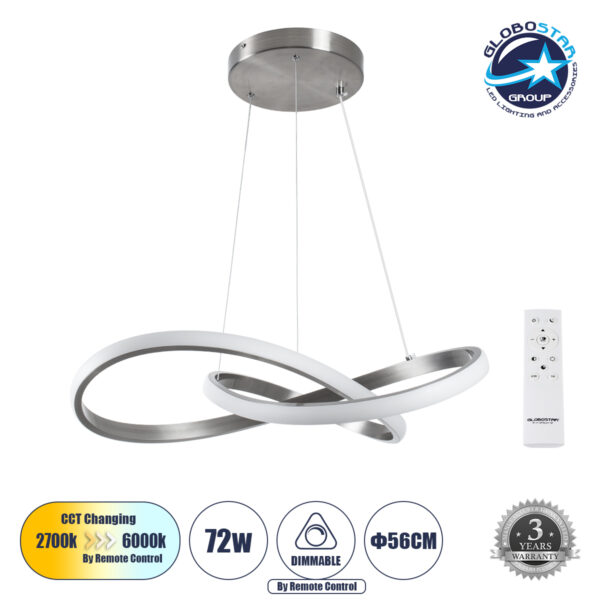 GloboStar® DEXTER 60498 Κρεμαστό Φωτιστικό Οροφής Design LED CCT 72W 8064lm 300° AC 220-240V – Εναλλαγή Φωτισμού μέσω Τηλεχειριστηρίου All In One Ψυχρό 6000k+Φυσικό 4500k+Θερμό 2700k Dimmable Φ56cm – Νίκελ Ασημί Βούρτσας – 3 Years Warranty