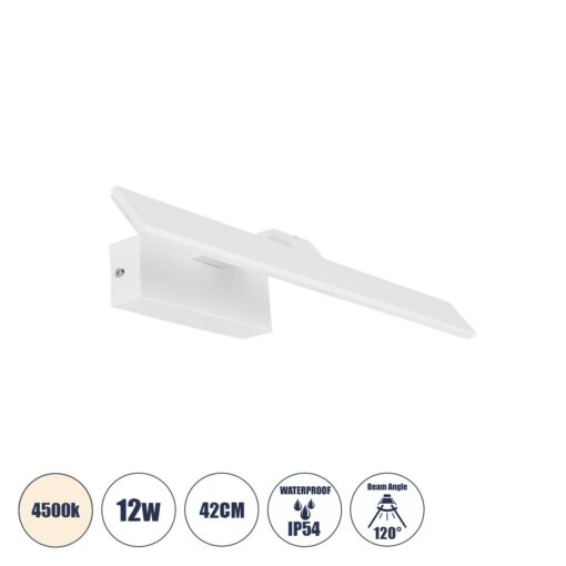 GloboStar® MIRROR 60512 Φωτιστικό Τοίχου – Απλίκα LED 12W 1440lm 120° AC 85-265V IP54 Φυσικό Λευκό 4500K Λευκό Μέταλλο – Μ42 x Π5 x Υ15cm – 2 Xρόνια Εγγύηση