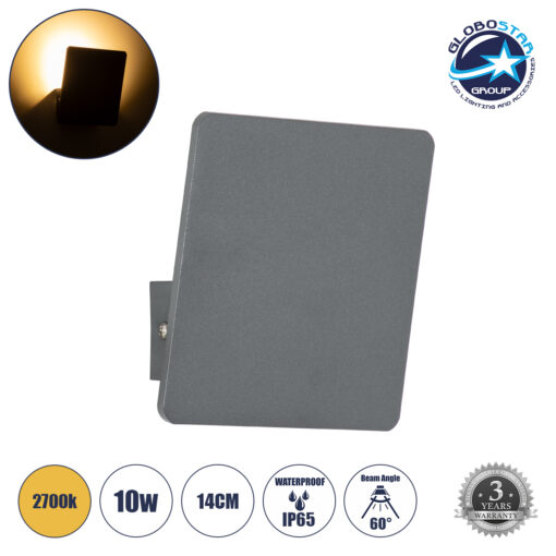 GloboStar® CUADRADO 60570 Φωτιστικό Τοίχου – Απλίκα Αρχιτεκτονικού Φωτισμού Εσωτερικού/Εξωτερικού Χώρου Up or Down LED 10W 1000lm 60° AC220-240V Αδιάβροχο IP65 – Σώμα Αλουμινίου & Tempered Glass – Μ14 x Π14 x Υ4.5cm – Θερμό Λευκό 2700K – Γκρι Ανθρακί – Bridgelux Chip – 5 Years Warranty