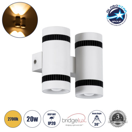 GloboStar® CANNONAL 60578 Φωτιστικό Τοίχου – Απλίκα Αρχιτεκτονικού Φωτισμού Εσωτερικού Χώρου Up & Down LED 20W 2300lm 30° AC 220-240V IP20 Μ12 x Π6.5 x Υ11cm – Θερμό Λευκό 2700K – Λευκό με Μαύρο – Bridgelux Chip – 3 Χρόνια Εγγύηση