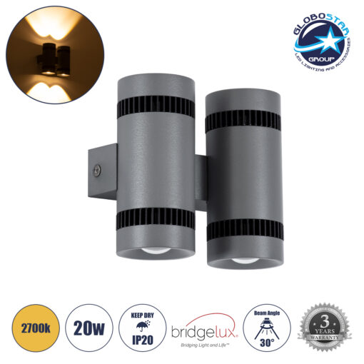 GloboStar® CANNONAL 60579 Φωτιστικό Τοίχου – Απλίκα Αρχιτεκτονικού Φωτισμού Εσωτερικού Χώρου Up & Down LED 20W 2300lm 30° AC 220-240V IP20 Μ12 x Π6.5 x Υ11cm – Θερμό Λευκό 2700K – Γκρι Ανθρακί με Μαύρο – Bridgelux Chip – 3 Χρόνια Εγγύηση