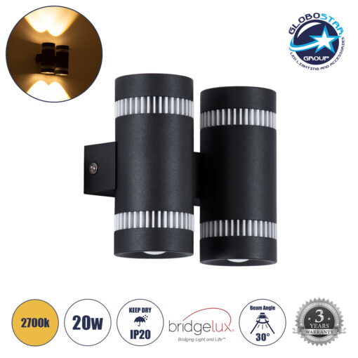 GloboStar® CANNONAL 60580 Φωτιστικό Τοίχου – Απλίκα Αρχιτεκτονικού Φωτισμού Εσωτερικού Χώρου Up & Down LED 20W 2300lm 30° AC 220-240V IP20 Μ12 x Π6.5 x Υ11cm – Θερμό Λευκό 2700K – Μαύρο με Λευκό – Bridgelux Chip – 3 Χρόνια Εγγύηση