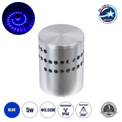 GloboStar® STAINS 60596 Φωτιστικό Τοίχου – Απλίκα Αρχιτεκτονικού Φωτισμού Εσωτερικού Χώρου LED 5W 300lm 360° AC 220-240V IP44 Φ5.5 x Υ7cm – Μπλε – Νίκελ Ματ – Bridgelux Chip – 3 Χρόνια Εγγύηση