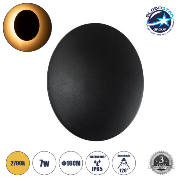 GloboStar® HELIO-R 60659 Φωτιστικό Τοίχου – Απλίκα Αρχιτεκτονικού Φωτισμού Εσωτερικού/Εξωτερικού Χώρου LED 7W 805lm 120° x 360° AC 220-240V Αδιάβροχο IP65 Φ16 x Π5cm – Θερμό Λευκό 2700K – Μαύρο – Στρόγγυλο – Bridgelux Chip – 3 Years Warranty