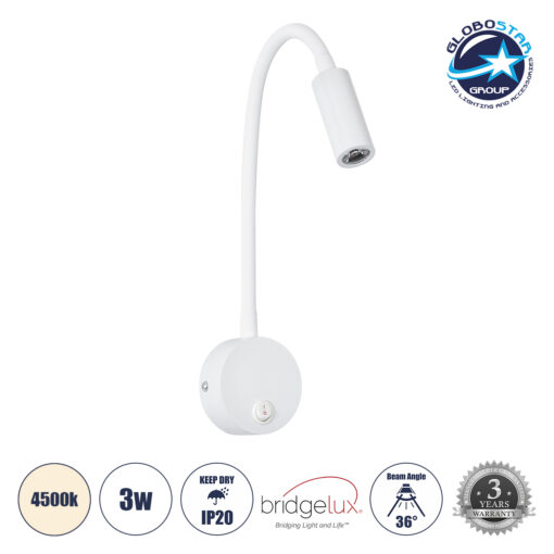GloboStar® GOOSE 60876 Μοντέρνο Φωτιστικό Τοίχου – Απλίκα Ξενοδοχείου Bed Side LED 3W 300lm 36° AC 220-240V – Reading Light – Μ6.5 x Π15 x Υ24.5cm – Φυσικό Λευκό 4500K – Λευκό