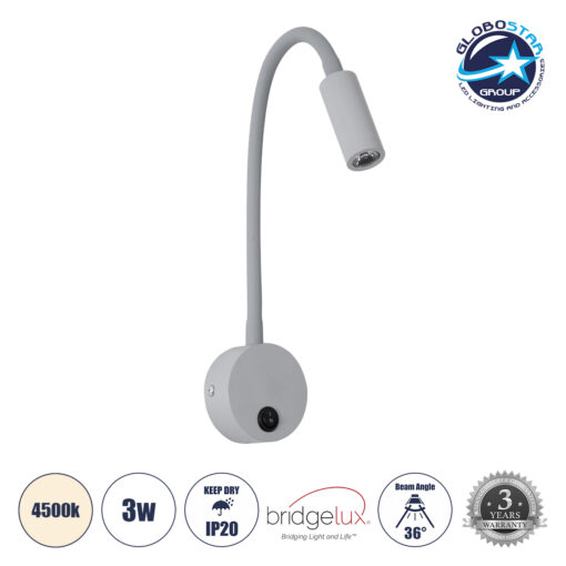 GloboStar® GOOSE 60877 Μοντέρνο Φωτιστικό Τοίχου – Απλίκα Ξενοδοχείου Bed Side LED 3W 300lm 36° AC 220-240V – Reading Light – Μ6.5 x Π15 x Υ24.5cm – Φυσικό Λευκό 4500K – Γκρι Ανθρακί