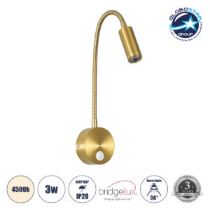 GloboStar® GOOSE 60880 Μοντέρνο Φωτιστικό Τοίχου – Απλίκα Ξενοδοχείου Bed Side LED 3W 300lm 36° AC 220-240V – Reading Light – Μ6.5 x Π15 x Υ24.5cm – Φυσικό Λευκό 4500K – Χρυσό Βούρτσας