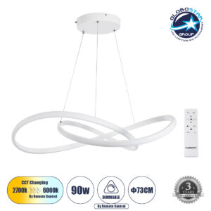 GloboStar® DEXTER 60914 Κρεμαστό Φωτιστικό Οροφής Design LED CCT 90W 10080lm 300° AC 220-240V – Εναλλαγή Φωτισμού μέσω Τηλεχειριστηρίου All In One Ψυχρό 6000k+Φυσικό 4500k+Θερμό 2700k Dimmable Φ73cm – Λευκό – 3 Years Warranty