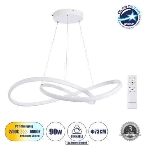 GloboStar® DEXTER 60914 Κρεμαστό Φωτιστικό Οροφής Design LED CCT 90W 10080lm 300° AC 220-240V – Εναλλαγή Φωτισμού μέσω Τηλεχειριστηρίου All In One Ψυχρό 6000k+Φυσικό 4500k+Θερμό 2700k Dimmable Φ73cm – Λευκό – 3 Years Warranty