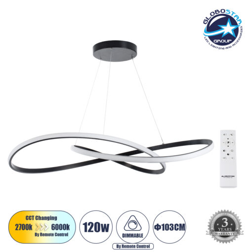 GloboStar® DEXTER 60917 Κρεμαστό Φωτιστικό Οροφής Design LED CCT 120W 13440lm 300° AC 220-240V – Εναλλαγή Φωτισμού μέσω Τηλεχειριστηρίου All In One Ψυχρό 6000k+Φυσικό 4500k+Θερμό 2700k Dimmable Φ103cm – Μαύρο – 3 Years Warranty