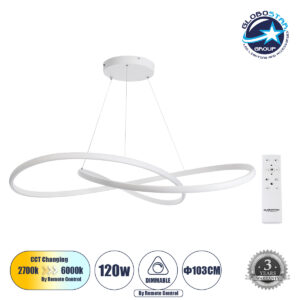 GloboStar® DEXTER 60918 Κρεμαστό Φωτιστικό Οροφής Design LED CCT 120W 13440lm 300° AC 220-240V – Εναλλαγή Φωτισμού μέσω Τηλεχειριστηρίου All In One Ψυχρό 6000k+Φυσικό 4500k+Θερμό 2700k Dimmable Φ103cm – Λευκό – 3 Years Warranty