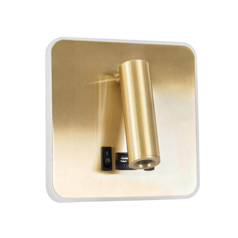 GloboStar® LADY-S 60943 Μοντέρνο Φωτιστικό Τοίχου – Απλίκα Ξενοδοχείου Bed Side LED 6W 600lm 36° & 360° AC 220-240V – Reading Light & Κρυφός Φωτισμός – Φορτιστής USB 3A – Μ15 x Π15 x Υ7cm – Φυσικό Λευκό 4500K – Χρυσό Βούρτσας- 3 Χρόνια Εγγύηση