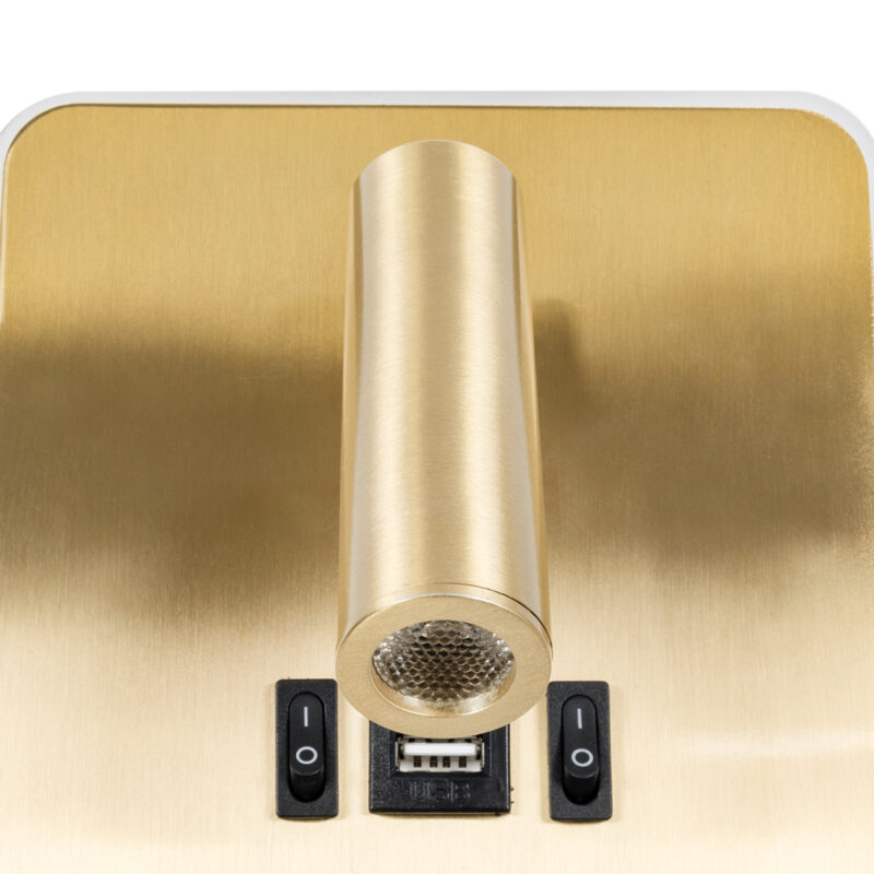 GloboStar® LADY-S 60943 Μοντέρνο Φωτιστικό Τοίχου – Απλίκα Ξενοδοχείου Bed Side LED 6W 600lm 36° & 360° AC 220-240V – Reading Light & Κρυφός Φωτισμός – Φορτιστής USB 3A – Μ15 x Π15 x Υ7cm – Φυσικό Λευκό 4500K – Χρυσό Βούρτσας- 3 Χρόνια Εγγύηση