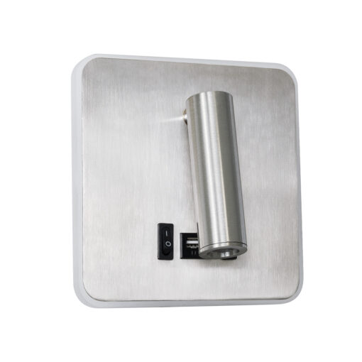 GloboStar® LADY-S 60943 Μοντέρνο Φωτιστικό Τοίχου – Απλίκα Ξενοδοχείου Bed Side LED 6W 600lm 36° & 360° AC 220-240V – Reading Light & Κρυφός Φωτισμός – Φορτιστής USB 3A – Μ15 x Π15 x Υ7cm – Φυσικό Λευκό 4500K – Νίκελ Βούρτσας- 3 Χρόνια Εγγύηση