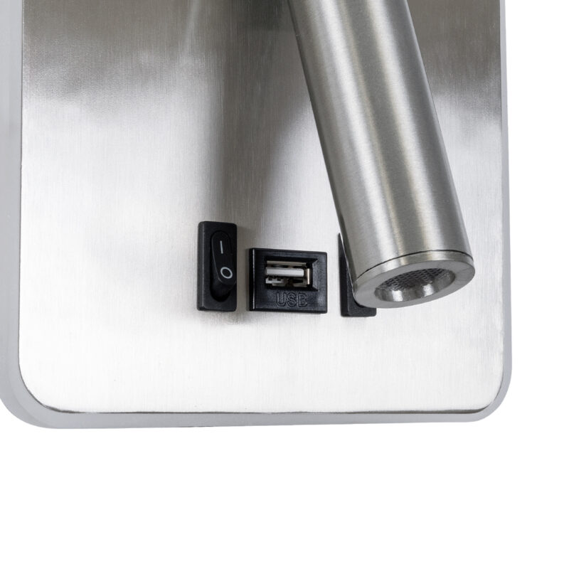 GloboStar® LADY-S 60943 Μοντέρνο Φωτιστικό Τοίχου – Απλίκα Ξενοδοχείου Bed Side LED 6W 600lm 36° & 360° AC 220-240V – Reading Light & Κρυφός Φωτισμός – Φορτιστής USB 3A – Μ15 x Π15 x Υ7cm – Φυσικό Λευκό 4500K – Νίκελ Βούρτσας- 3 Χρόνια Εγγύηση