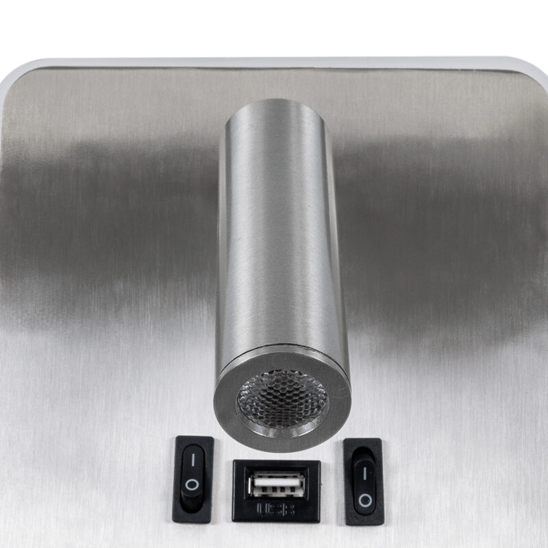 GloboStar® LADY-S 60943 Μοντέρνο Φωτιστικό Τοίχου – Απλίκα Ξενοδοχείου Bed Side LED 6W 600lm 36° & 360° AC 220-240V – Reading Light & Κρυφός Φωτισμός – Φορτιστής USB 3A – Μ15 x Π15 x Υ7cm – Φυσικό Λευκό 4500K – Νίκελ Βούρτσας- 3 Χρόνια Εγγύηση