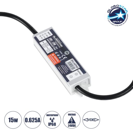 GloboStar® 60960 Αδιάβροχο Τροφοδοτικό SELV για Προϊόντα Φωτισμού LED 15W 0.625A – AC 220-240V σε DC 24V με 1.2m VDE Καλώδιο Παροχής & Εξόδου Τροφοδοσίας – Αδιάβροχο IP68 – M12 x W3 x H2cm  – 3 Χρόνια Εγγύηση