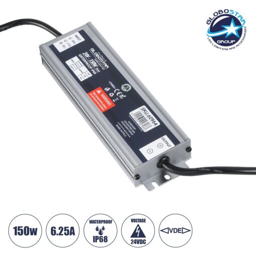 GloboStar® 60964 Αδιάβροχο Τροφοδοτικό SELV για Προϊόντα Φωτισμού LED 150W 6.25A – AC 220-240V σε DC 24V με 1.2m VDE Καλώδιο Παροχής & Εξόδου Τροφοδοσίας – Αδιάβροχο IP68 – M20 x W5.5 x H2.5cm  – 3 Χρόνια Εγγύηση