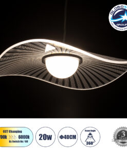 GloboStar® ACRYLICA 60974 Κρεμαστό Φωτιστικό Οροφής Design LED CCT 20W 2240lm 360° AC 220-240V – Εναλλαγή Φωτισμού μέσω Διακόπτη On/Off All In One Ψυχρό 6000k+Φυσικό 4500k+Θερμό 2700k Φ40cm – Μαύρο με Διάφανο Laser Designed Plexiglass – 3 Years Warranty