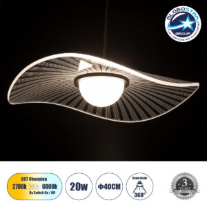GloboStar® ACRYLICA 60974 Κρεμαστό Φωτιστικό Οροφής Design LED CCT 20W 2240lm 360° AC 220-240V – Εναλλαγή Φωτισμού μέσω Διακόπτη On/Off All In One Ψυχρό 6000k+Φυσικό 4500k+Θερμό 2700k Φ40cm – Μαύρο με Διάφανο Laser Designed Plexiglass – 3 Years Warranty