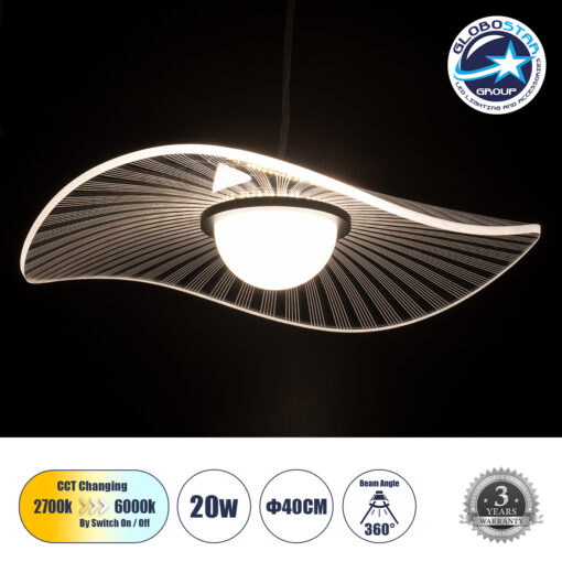 GloboStar® ACRYLICA 60974 Κρεμαστό Φωτιστικό Οροφής Design LED CCT 20W 2240lm 360° AC 220-240V – Εναλλαγή Φωτισμού μέσω Διακόπτη On/Off All In One Ψυχρό 6000k+Φυσικό 4500k+Θερμό 2700k Φ40cm – Μαύρο με Διάφανο Laser Designed Plexiglass – 3 Years Warranty