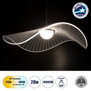 GloboStar® ACRYLICA 60975 Κρεμαστό Φωτιστικό Οροφής Design LED CCT 20W 2240lm 360° AC 220-240V – Εναλλαγή Φωτισμού μέσω Διακόπτη On/Off All In One Ψυχρό 6000k+Φυσικό 4500k+Θερμό 2700k Φ60cm – Μαύρο με Διάφανο Laser Designed Plexiglass – 3 Years Warranty