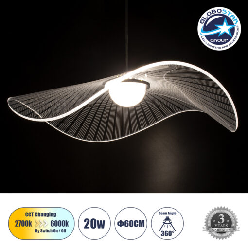 GloboStar® ACRYLICA 60975 Κρεμαστό Φωτιστικό Οροφής Design LED CCT 20W 2240lm 360° AC 220-240V – Εναλλαγή Φωτισμού μέσω Διακόπτη On/Off All In One Ψυχρό 6000k+Φυσικό 4500k+Θερμό 2700k Φ60cm – Μαύρο με Διάφανο Laser Designed Plexiglass – 3 Years Warranty