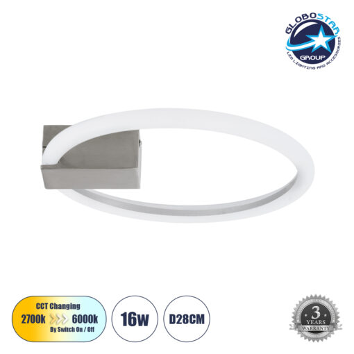 GloboStar® CINDERELLA 60979 Φωτιστικό Οροφής Δαχτυλίδι-Κύκλος LED CCT 16W 1792lm 360° AC 220-240V – Εναλλαγή Φωτισμού μέσω Διακόπτη On/Off All In One Ψυχρό 6000k+Φυσικό 4500k+Θερμό 2700k Φ28cm – Χρώμιο Νικελ – 3 Years Warranty