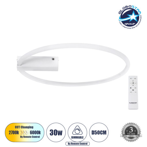 GloboStar® CINDERELLA 60981 Φωτιστικό Οροφής Δαχτυλίδι-Κύκλος LED CCT 30W 3360lm 360° AC 220-240V – Εναλλαγή Φωτισμού μέσω Τηλεχειριστηρίου All In One Ψυχρό 6000k+Φυσικό 4500k+Θερμό 2700k Dimmable Φ50cm – Λευκό – 3 Years Warranty