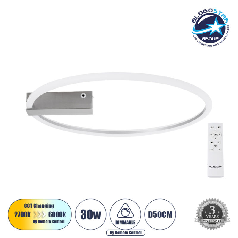GloboStar® CINDERELLA 60983 Φωτιστικό Οροφής Δαχτυλίδι-Κύκλος LED CCT 30W 3360lm 360° AC 220-240V – Εναλλαγή Φωτισμού μέσω Τηλεχειριστηρίου All In One Ψυχρό 6000k+Φυσικό 4500k+Θερμό 2700k Dimmable Φ50cm – Χρώμιο Νικελ – 3 Years Warranty