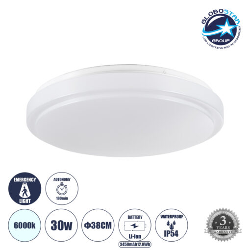 GloboStar® EMERGANO 60992 Πλαφονιέρα Οροφής LED 30W 3000lm 120° AC 220-240V με Ενσωματωμένο Σύστημα Emergency Li-ion 3450mAh/12.8Wh με Αυτονομία έως 3hrs – Αδιάβροχη IP54 Φ38 x Υ5.3cm Ψυχρό Λευκό 6000K – Λευκό – Bridgelux Chips – 3 Years Warranty