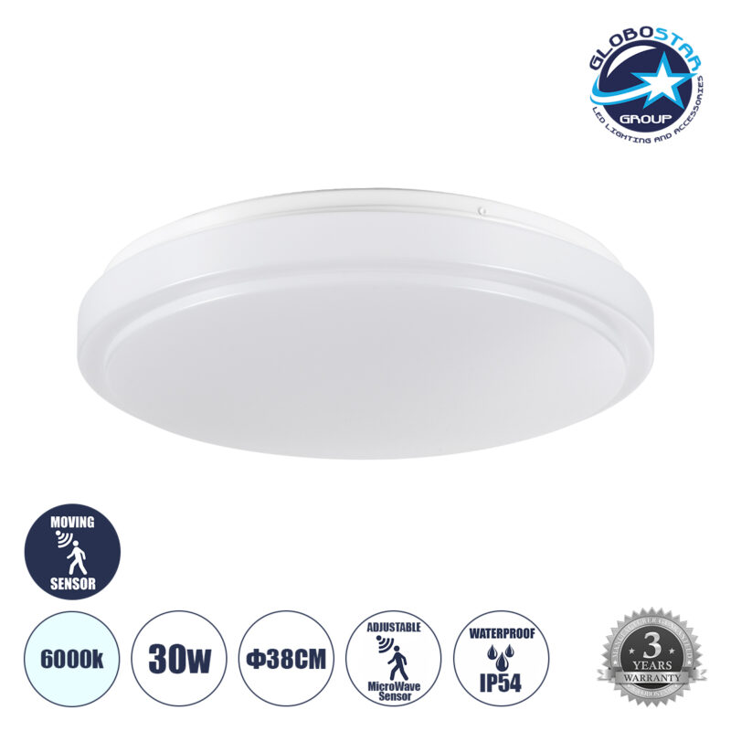 GloboStar® SENSORANO 60994 Πλαφονιέρα Οροφής LED 30W 3000lm 120° AC 220-240V με Ενσωματωμένο Σύστημα Ρυθμιζόμενου Microwave Αισθητήρα Κίνησης – Αδιάβροχη IP54 Φ38 x Υ5.3cm Ψυχρό Λευκό 6000K – Λευκό – Bridgelux Chips – 3 Years Warranty