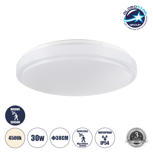 GloboStar® SENSORANO 60995 Πλαφονιέρα Οροφής LED 30W 3000lm 120° AC 220-240V με Ενσωματωμένο Σύστημα Ρυθμιζόμενου Microwave Αισθητήρα Κίνησης – Αδιάβροχη IP54 Φ38 x Υ5.3cm Φυσικό Λευκό 4500K – Λευκό – Bridgelux Chips – 3 Years Warranty