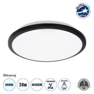 GloboStar® TUFFIN 60996 Πλαφονιέρα Οροφής LED 24W 2760lm 120° AC 220-240V Αδιάβροχη IP54 Φ30 x Υ6.5cm Ψυχρό Λευκό 6000K – Μαύρο – Bridgelux Chips – 3 Years Warranty