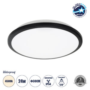GloboStar® TUFFIN 60997 Πλαφονιέρα Οροφής LED 24W 2640lm 120° AC 220-240V Αδιάβροχη IP54 Φ30 x Υ6.5cm Φυσικό Λευκό 4500K – Μαύρο – Bridgelux Chips – 3 Years Warranty