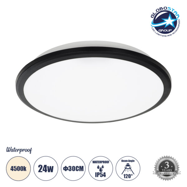 GloboStar® TUFFIN 60997 Πλαφονιέρα Οροφής LED 24W 2640lm 120° AC 220-240V Αδιάβροχη IP54 Φ30 x Υ6.5cm Φυσικό Λευκό 4500K – Μαύρο – Bridgelux Chips – 3 Years Warranty