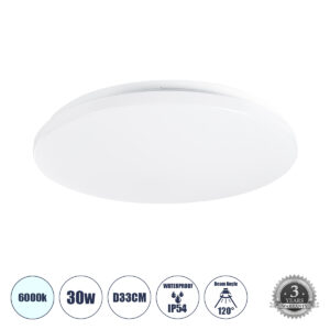 GloboStar® CELANO 61008 LED Πλαφονιέρα Οροφής Στρόγγυλη Φ33 30W 3000lm 120° AC 220-240V Αδιάβροχη IP54 Φ33 x Υ6cm Ψυχρό Λευκό 6000K – 3 Χρόνια Εγγύηση