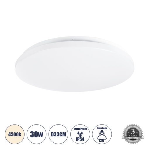 GloboStar® CELANO 61009 LED Πλαφονιέρα Οροφής Στρόγγυλη Φ33 30W 2850lm 120° AC 220-240V Αδιάβροχη IP54 Φ33 x Υ6cm Φυσικό Λευκό 4500K – 3 Χρόνια Εγγύηση