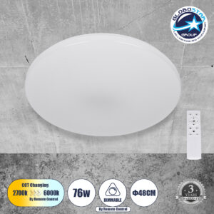 GloboStar® AVA 61017 Πλαφονιέρα Οροφής LED CCT 76W 8372lm 120° AC 220-240V – Εναλλαγή Φωτισμού μέσω Τηλεχειριστηρίου All In One Ψυχρό Λευκό 6000k+Φυσικό Λευκό 4500k+Θερμό Λευκό 2700k Dimmable Φ48cm – Λευκό – 3 Years Warranty