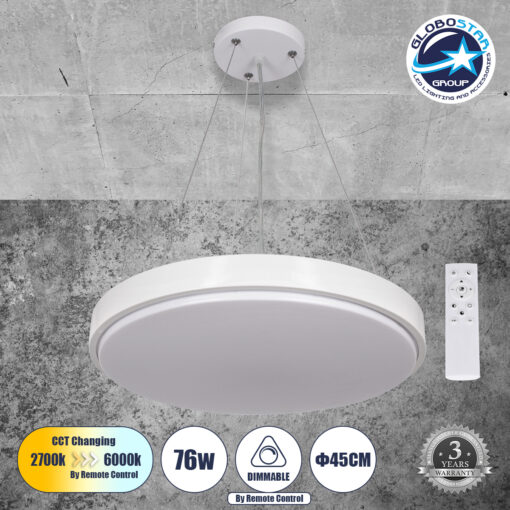 GloboStar® CASPER 61018 Κρεμαστή Πλαφονιέρα Οροφής LED CCT 76W 8372lm 120° AC 220-240V – Εναλλαγή Φωτισμού μέσω Τηλεχειριστηρίου All In One Ψυχρό Λευκό 6000k+Φυσικό Λευκό 4500k+Θερμό Λευκό 2700k Dimmable Φ45cm – Λευκό – 3 Years Warranty