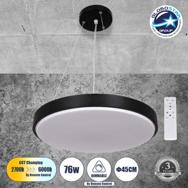 GloboStar® CASPER 61019 Κρεμαστή Πλαφονιέρα Οροφής LED CCT 76W 8372lm 120° AC 220-240V – Εναλλαγή Φωτισμού μέσω Τηλεχειριστηρίου All In One Ψυχρό Λευκό 6000k+Φυσικό Λευκό 4500k+Θερμό Λευκό 2700k Dimmable Φ45cm – Μαύρο – 3 Years Warranty
