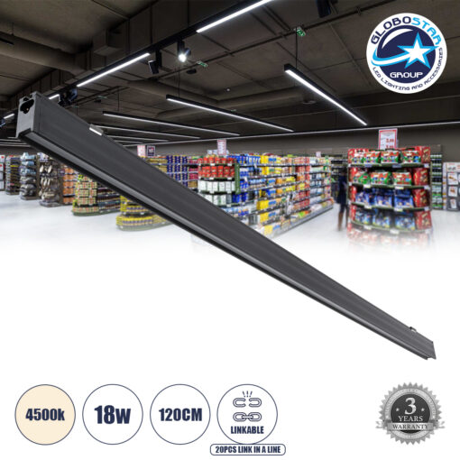 GloboStar® MARKET 61021-S Γραμμικό Φωτιστικό Οροφής Linear LED 18W 2200lm 60° AC 220-240V Μ120 x Π2 x Υ4cm Φυσικό Λευκό 4500K – Μαύρο – 3 Years Warranty