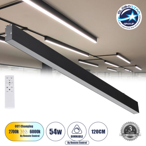 GloboStar® FELIX 61028-S Γραμμικό Φωτιστικό Οροφής Linear LED CCT 54W 6500lm 120° AC 220-240V Μ120 x Π3.5 x Υ7cm – Εναλλαγή Φωτισμού μέσω Τηλεχειριστηρίου All In One Ψυχρό 6000k+Φυσικό 4500k+Θερμό 2700k Dimmable – Μαύρο – 3 Years Warranty