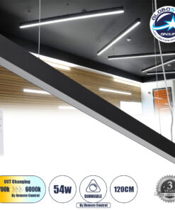GloboStar® FELIX 61028-P Γραμμικό Κρεμαστό Φωτιστικό Linear LED CCT 54W 6500lm 120° AC 220-240V Μ120 x Π3.5 x Υ7cm – Εναλλαγή Φωτισμού μέσω Τηλεχειριστηρίου All In One Ψυχρό 6000k+Φυσικό 4500k+Θερμό 2700k Dimmable – Μαύρο – 3 Years Warranty